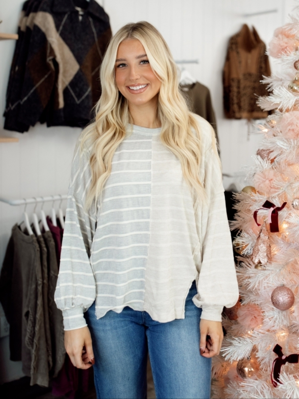 NWT By Together "Grey🩶& Sand Striped Balloon🎈Sleeve Top" Cotton/Rayon/Poly LRG